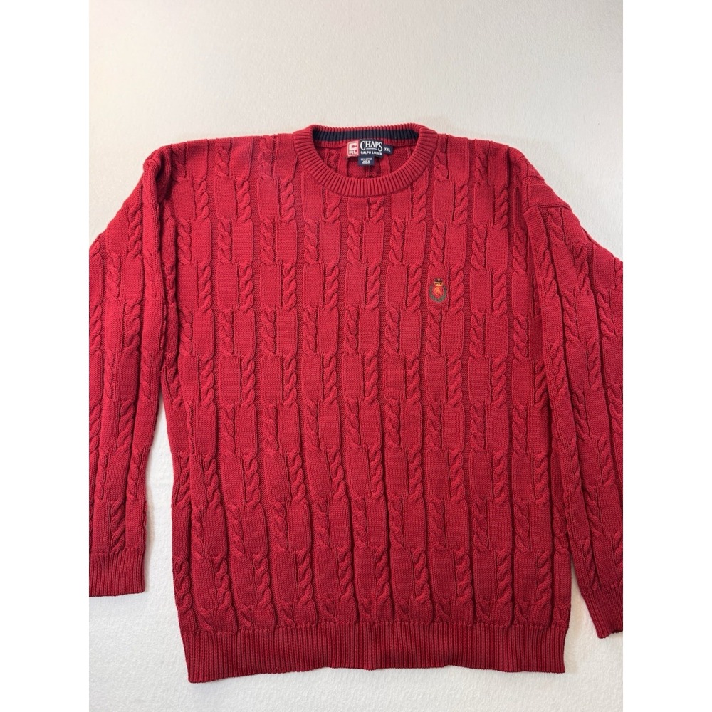 Chaps Ralph Lauren Mens Cable Knit Sweater Red 2XL Preppy Casual Cotton Vintage